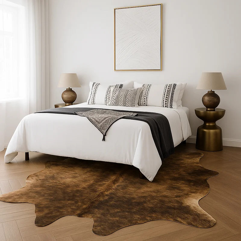 Cow Hide Rug in Bedroom