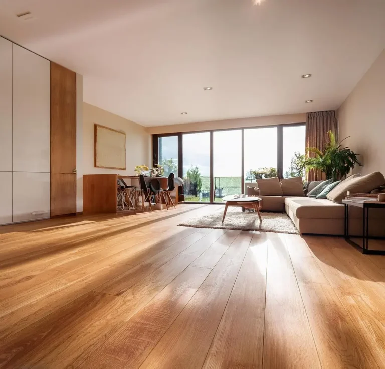 A living room with modern wooden flooring