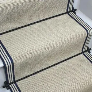 Charter-Plain-Loop-Earl-Stair-Runner-with-a-navy-stripe-border-and-black-stair-rods