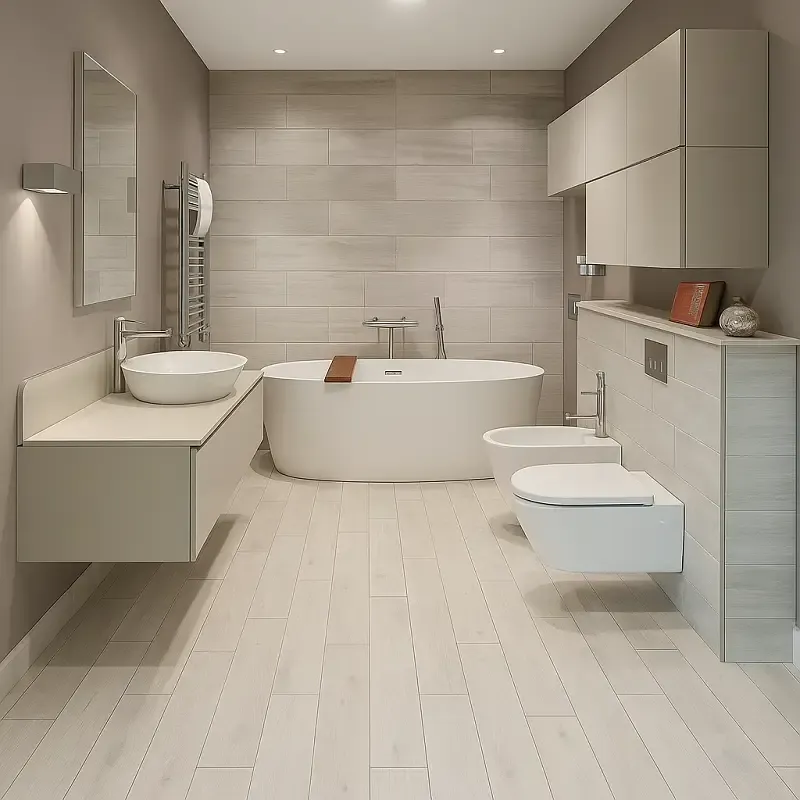 white wood flooring in bathroom