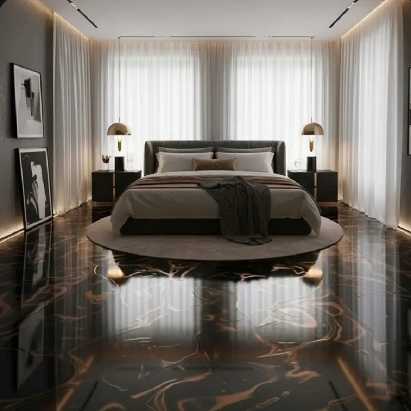 metallic epoxy flooring in bedroom