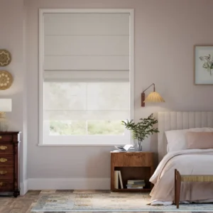 Self Leveling Electric Bijou Linen Grey Wash White Double Blinds