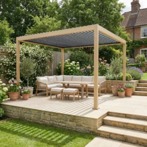 Self Leveling Oak-Effect Louvered Pergola