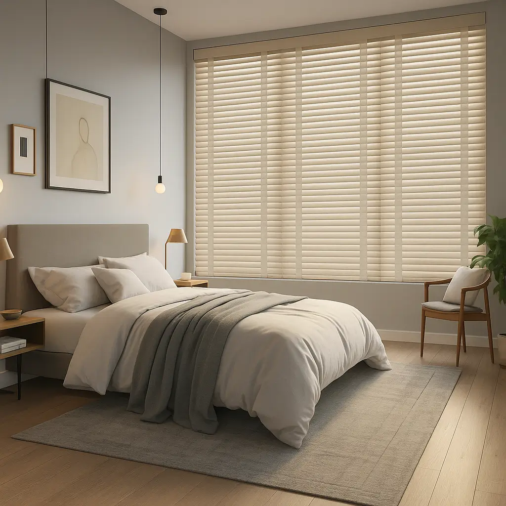 Risala Antique White Wooden Blinds In Bedroom