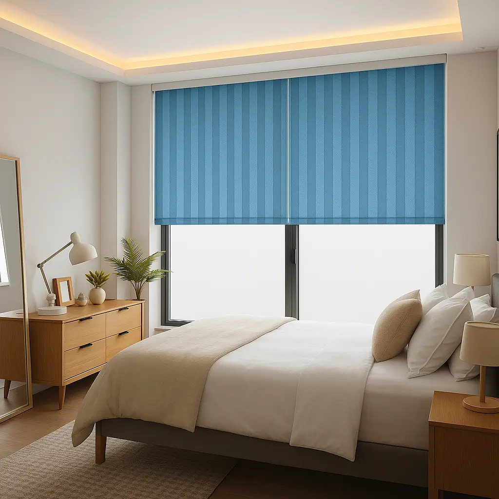 Self Leveling Risala Azure Blue Vertical Blinds In Bedroom