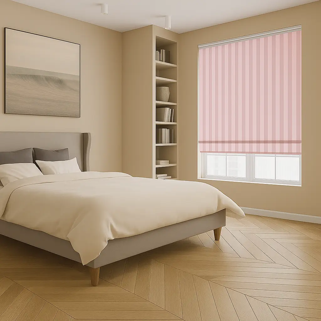 Self Leveling Risala Baby Pink Vertical Blinds In Bedroom