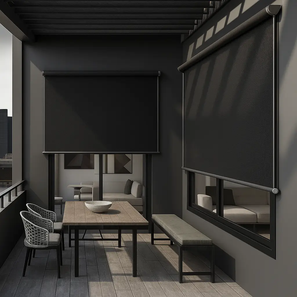 Risala Black Outdoor Blinds In Outdoor Balcony