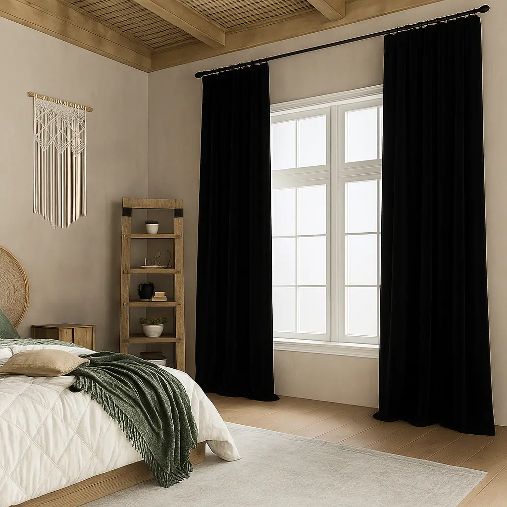 Risala Black Velvet Curtains In Bedroom