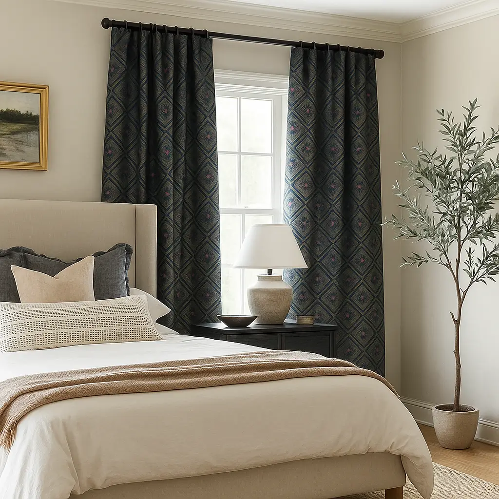 Risala Blue Brocade Curtains In Bedroom