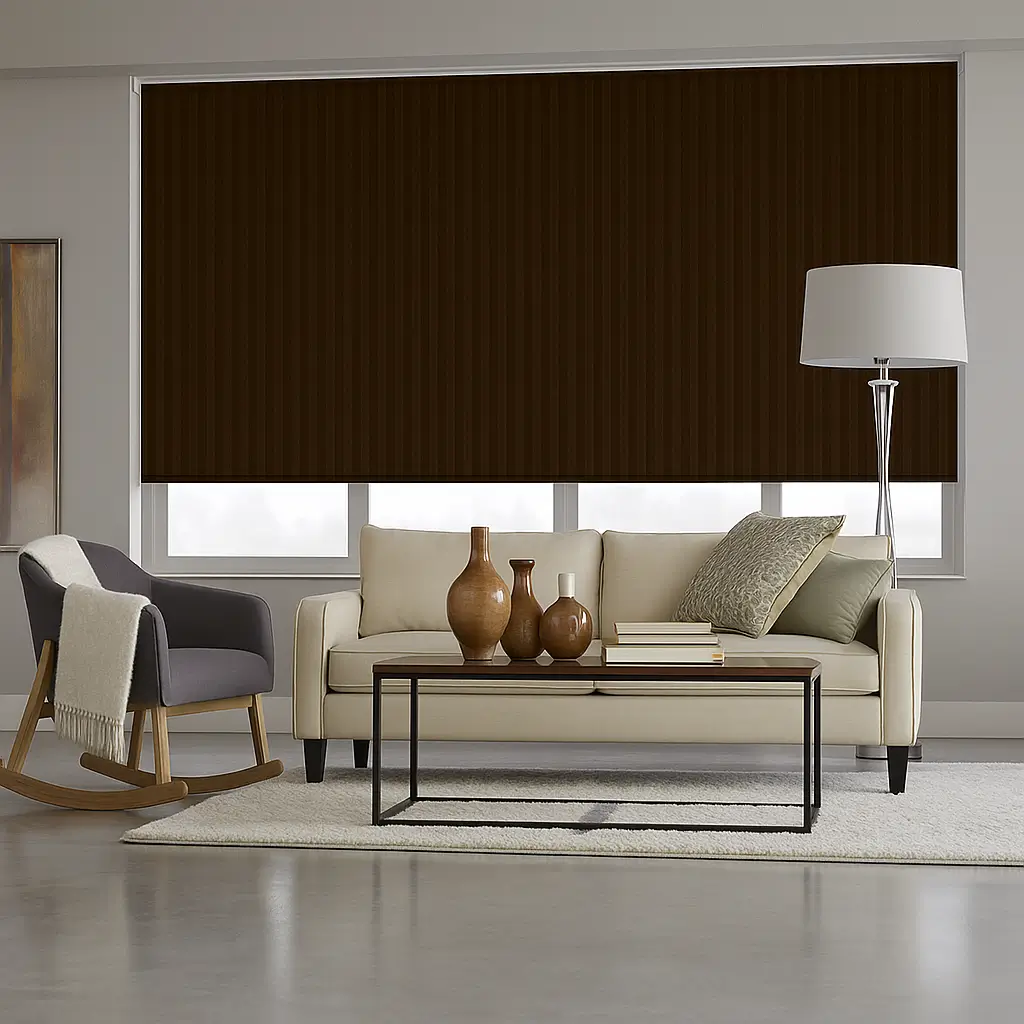 Self Leveling Risala Brown Balance Vertical Blinds In Living Room