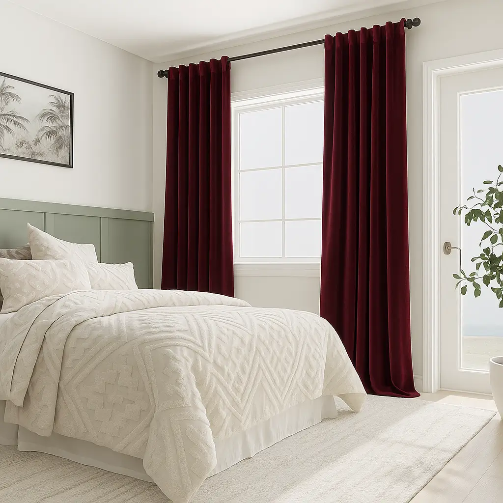 Risala Burgundy Velvet Curtains In Bedroom