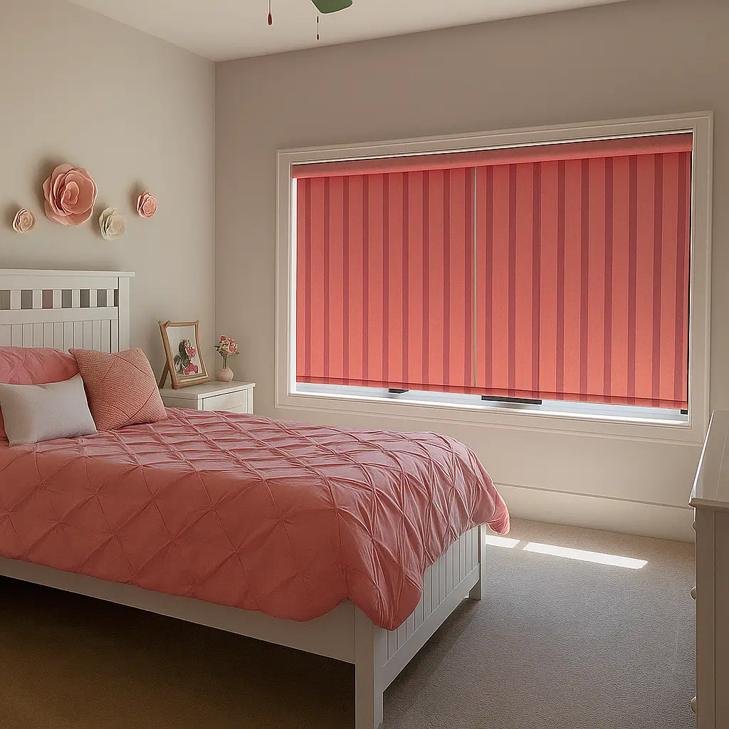 Self Leveling Risala Burnt Orange Vertical Blinds In Bedroom