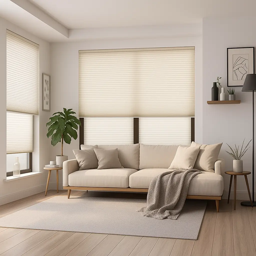 Self Leveling Risala Champagne Honeycomb Blinds In Living Room