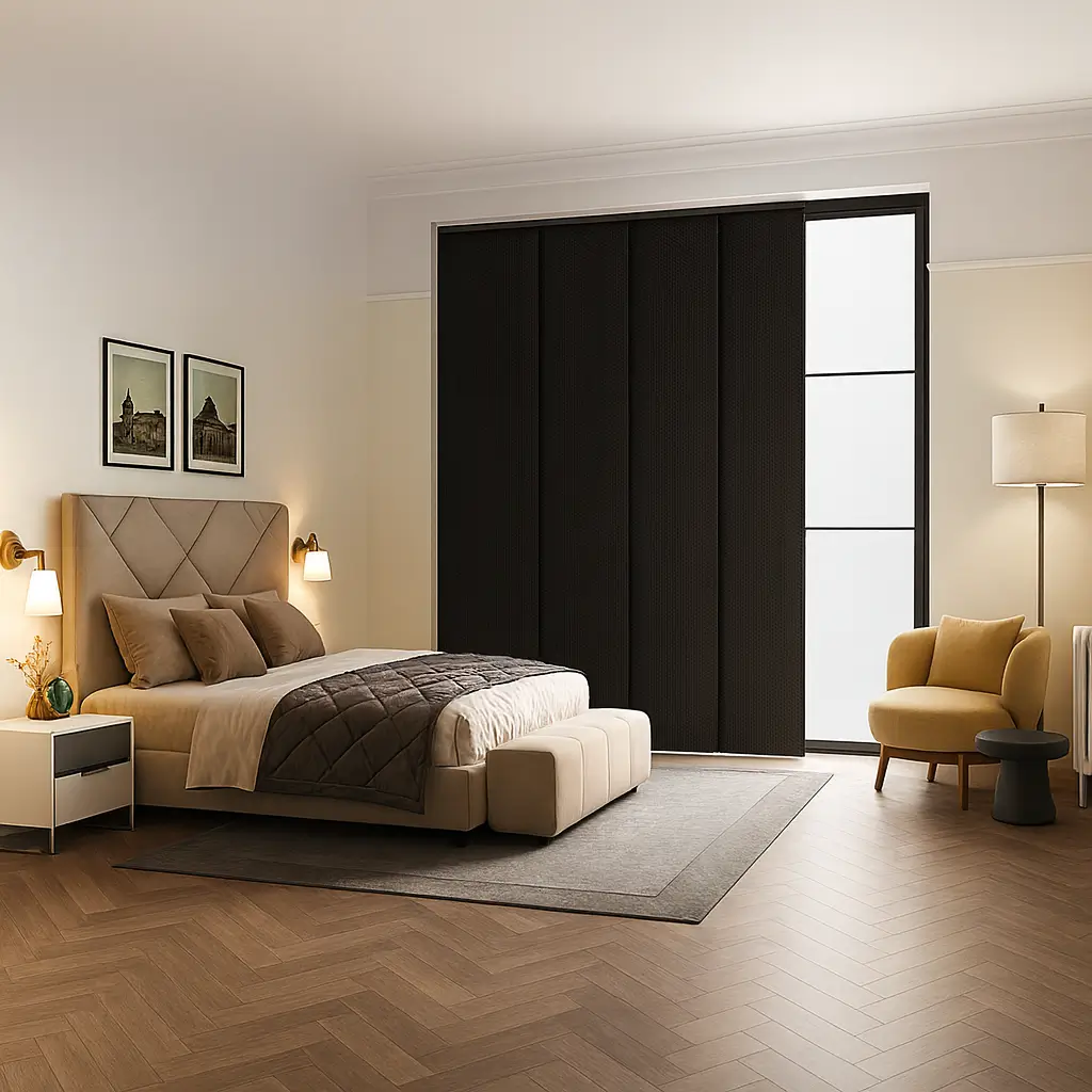 Self Leveling Risala Charcoal Gold Panel Blinds In Bedroom