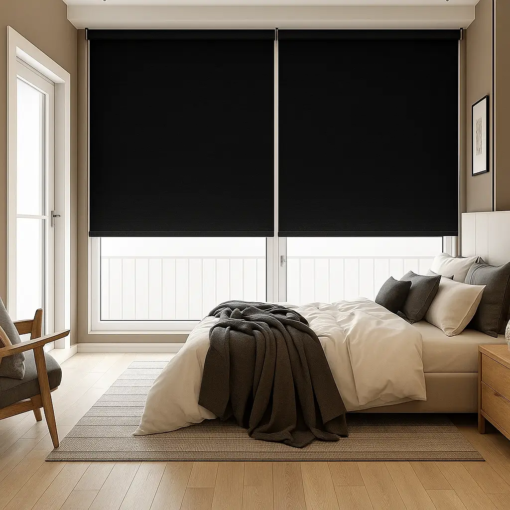 Risala Charcoal Grey Blackout Blinds In Bedroom