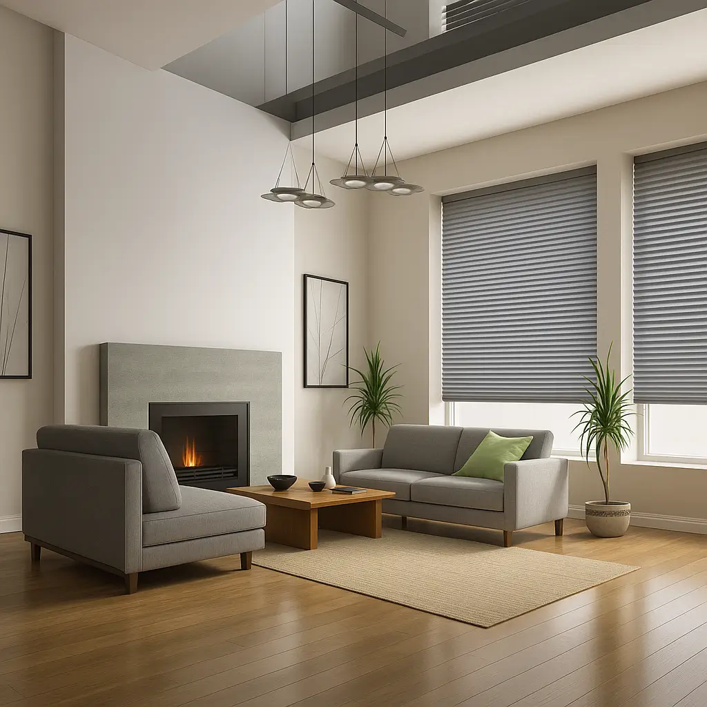 Self Leveling Risala Charcoal Grey Pleated Blinds In Living Room