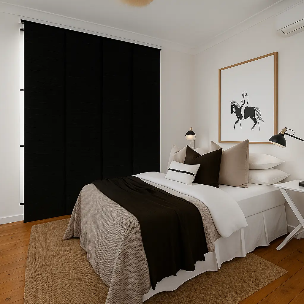 Self Leveling Risala Charcoal Panel Blinds In Bedroom