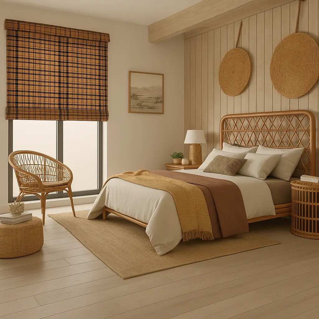 Self Leveling Risala Classic Brown Bamboo Blinds In Bedroom