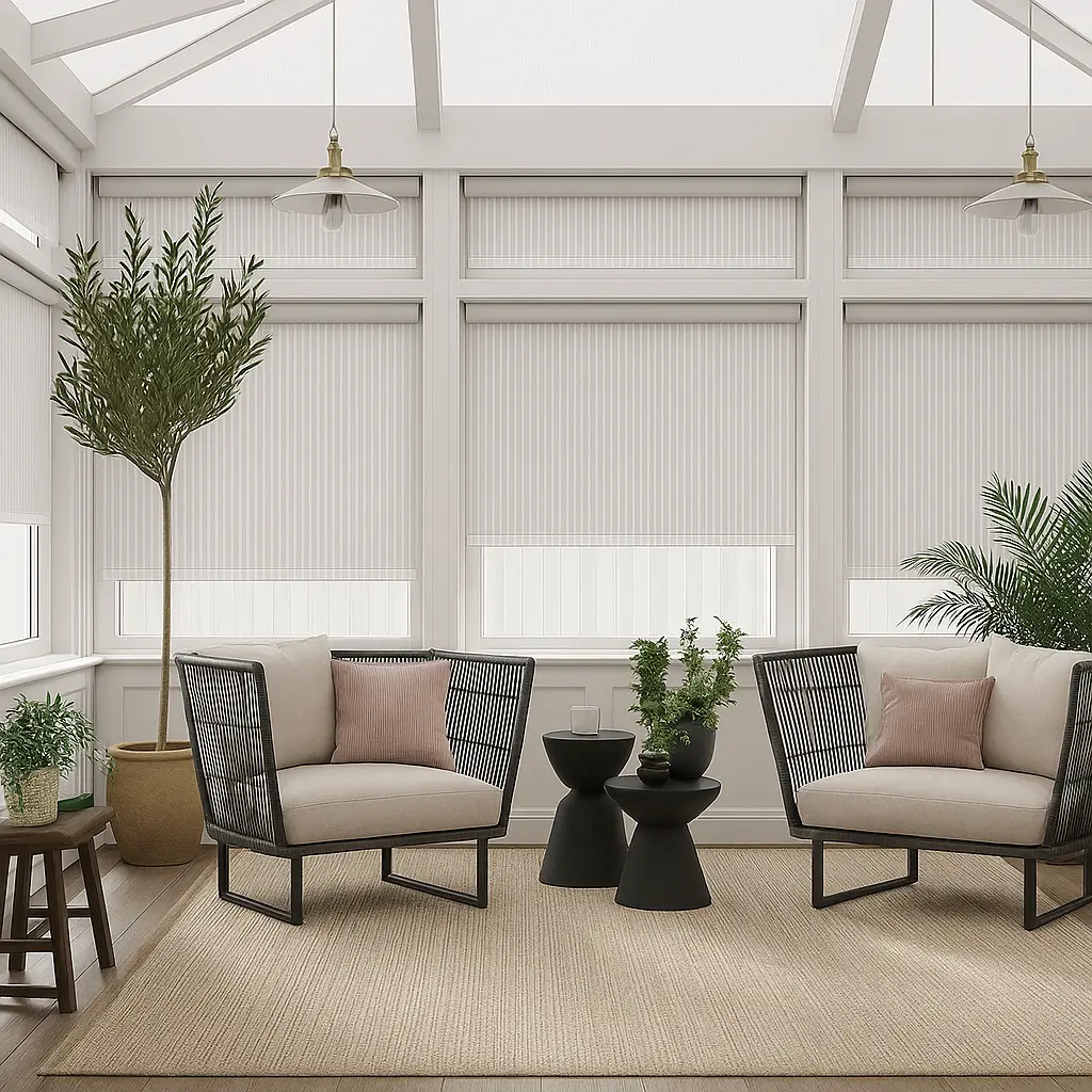 Self Leveling Risala Classic White Vertical Blinds In Living Room