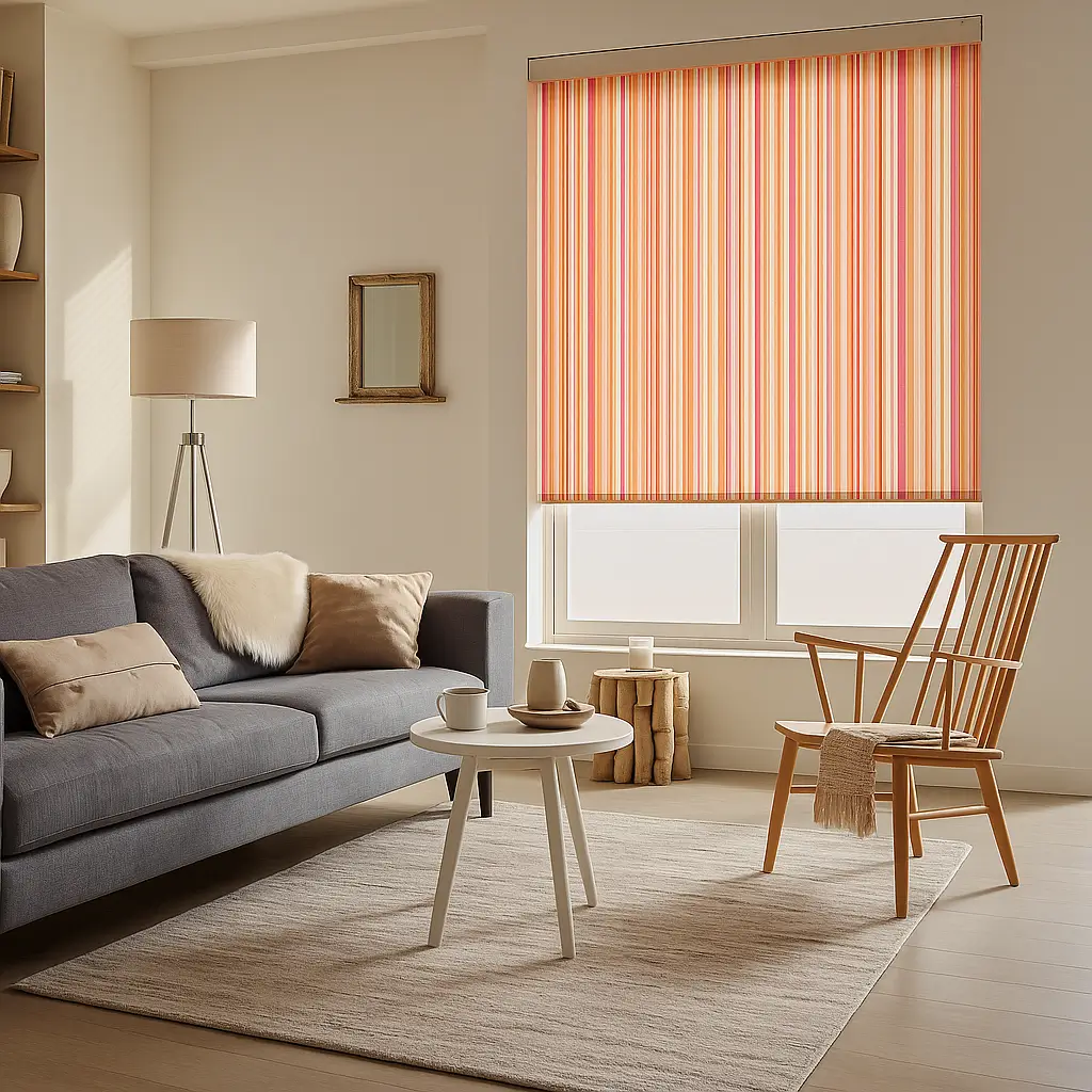 Risala Coral Stripe Motorized Blinds In Living Room