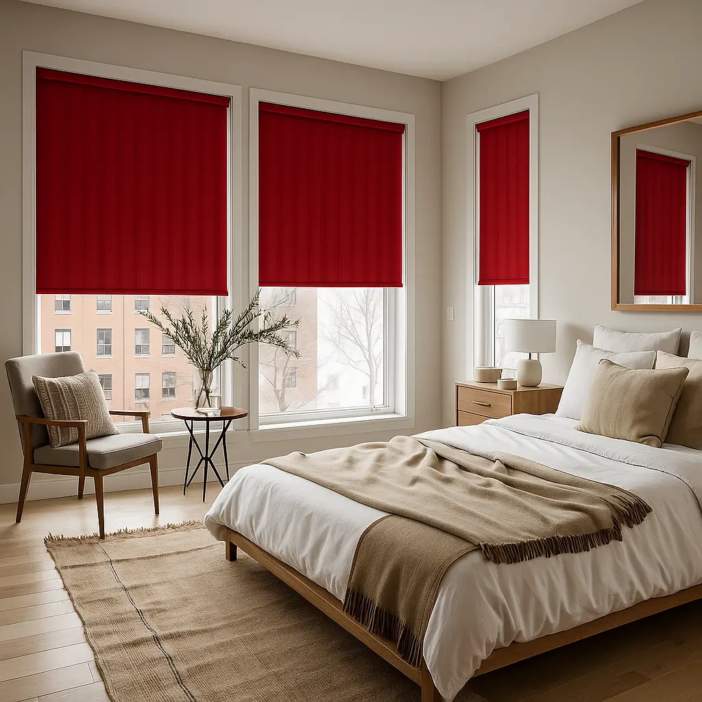 Self Leveling Risala Crimson Red Vertical Blinds In Bedroom