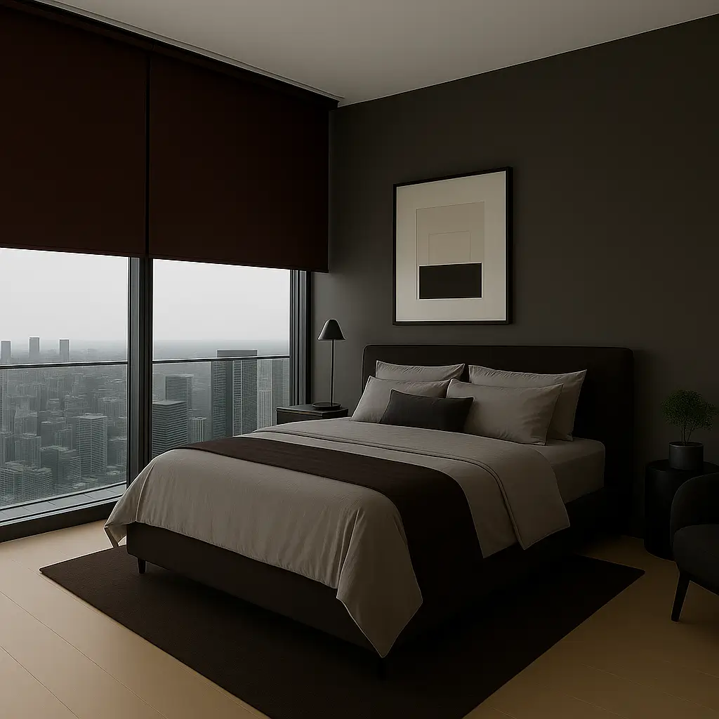 Risala Dark Chocolate Blackout Blinds In Bedroom