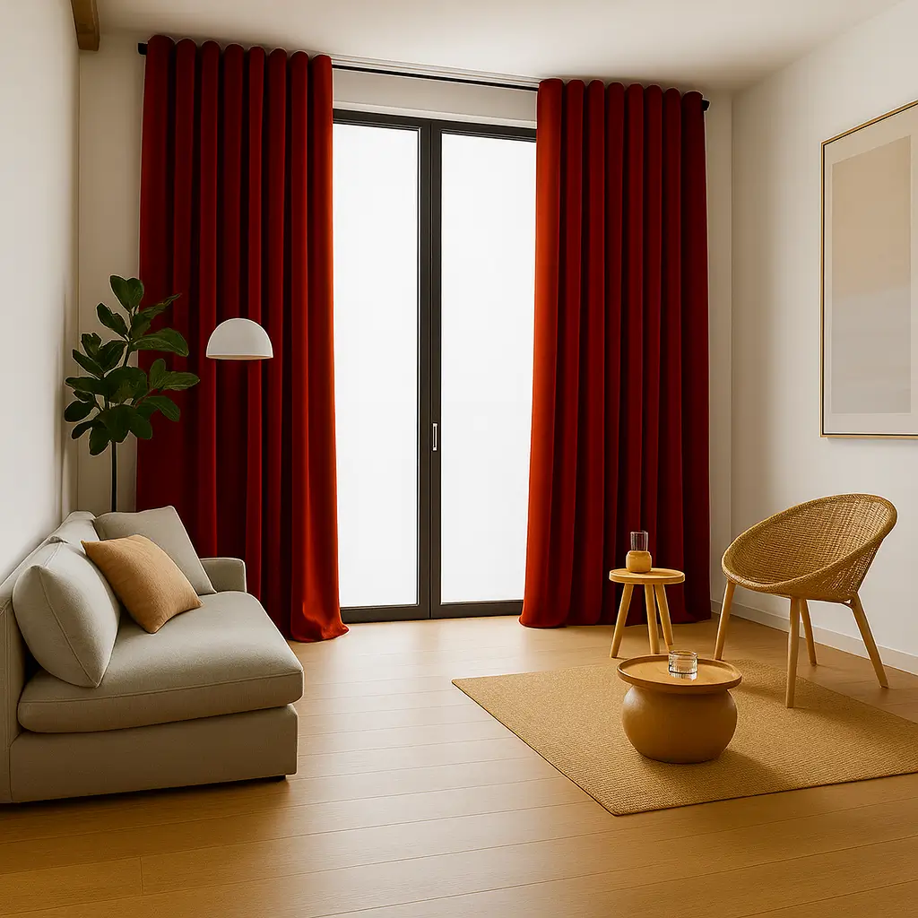Risala Dark Coral Velvet Curtains In Living Room