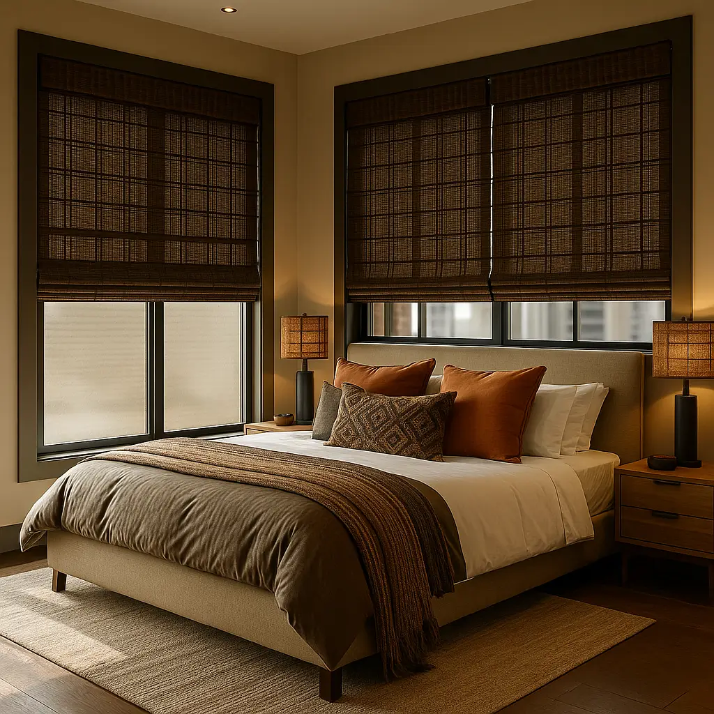 Self Leveling Risala Dark Walnut Grid Bamboo Blinds In Bedroom