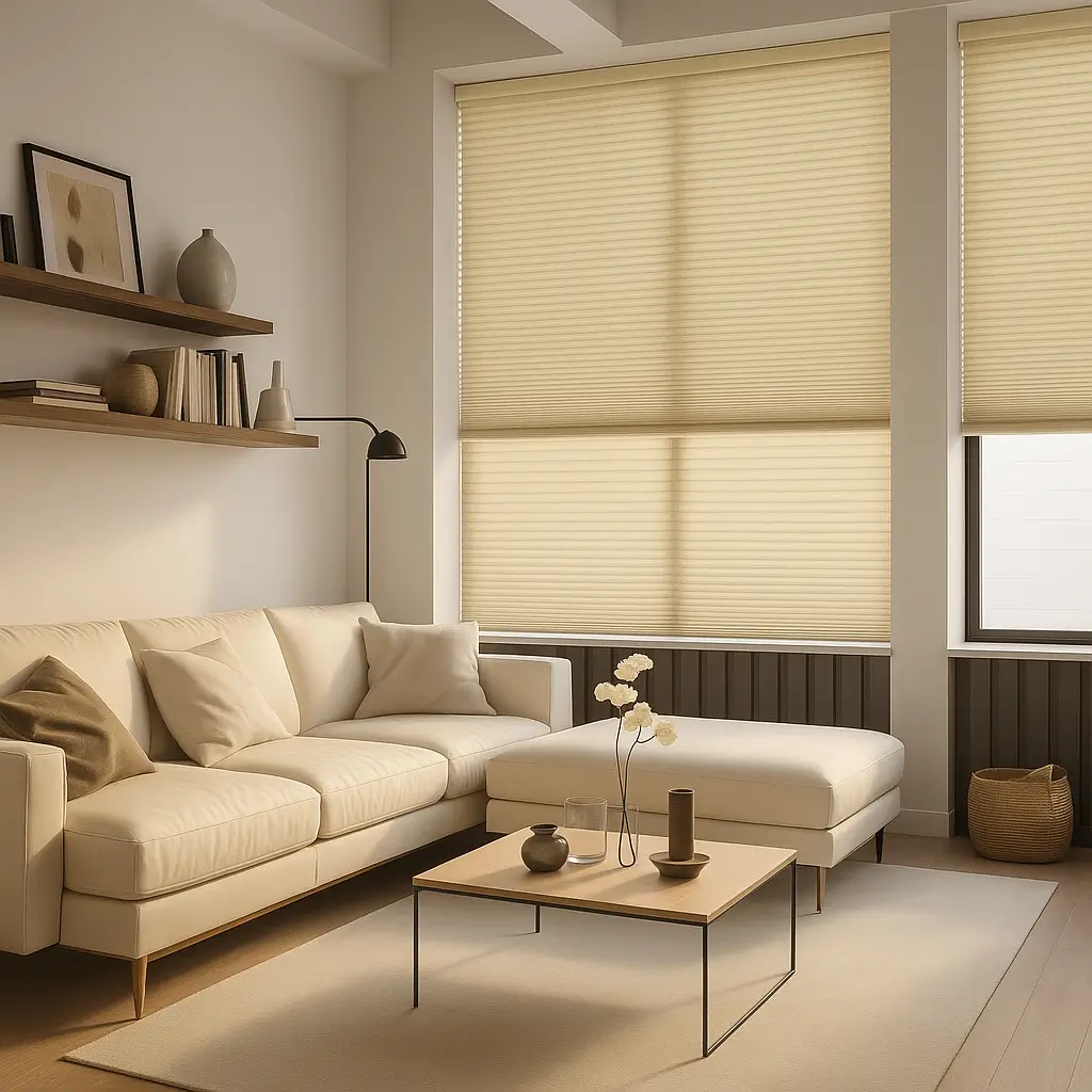Self Leveling Risala Desert Honeycomb Blinds In Living Room