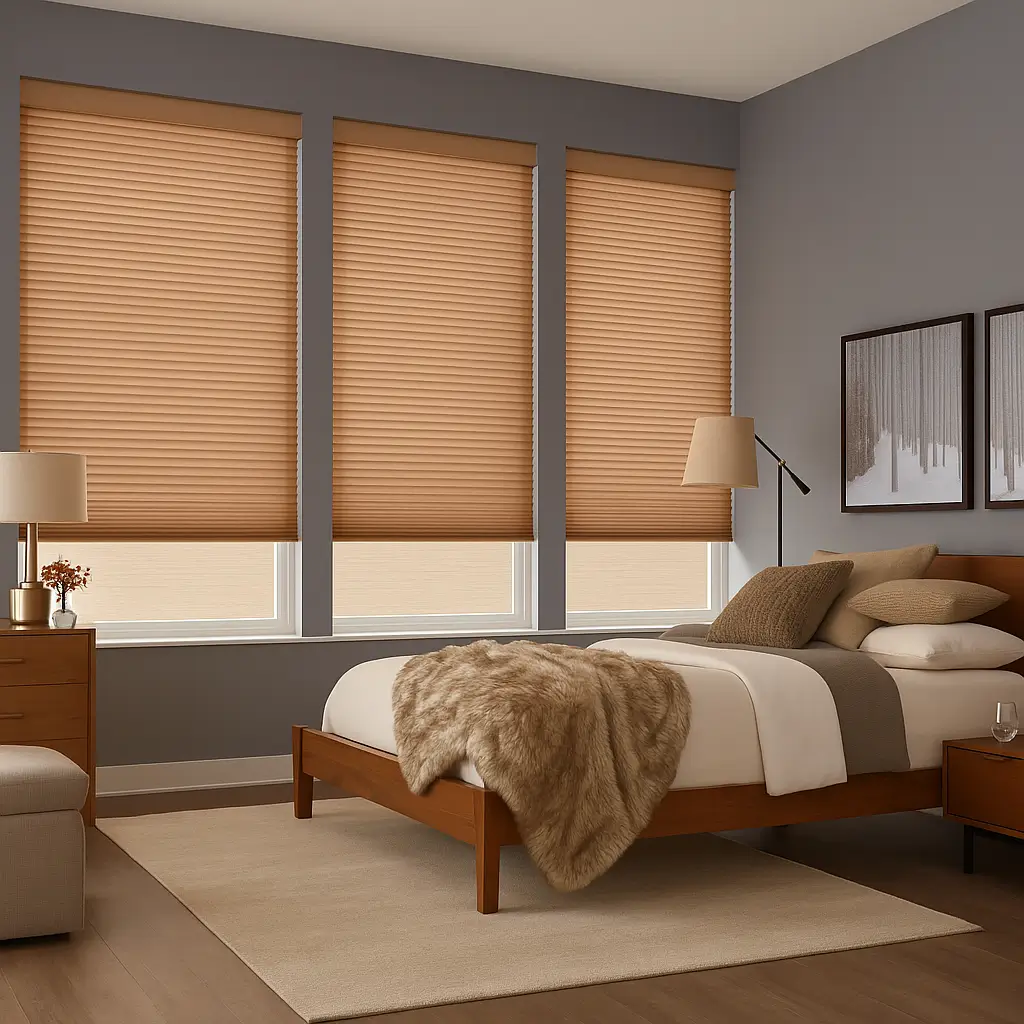 Self Leveling Risala Flax Honeycomb Blinds In Bedroom