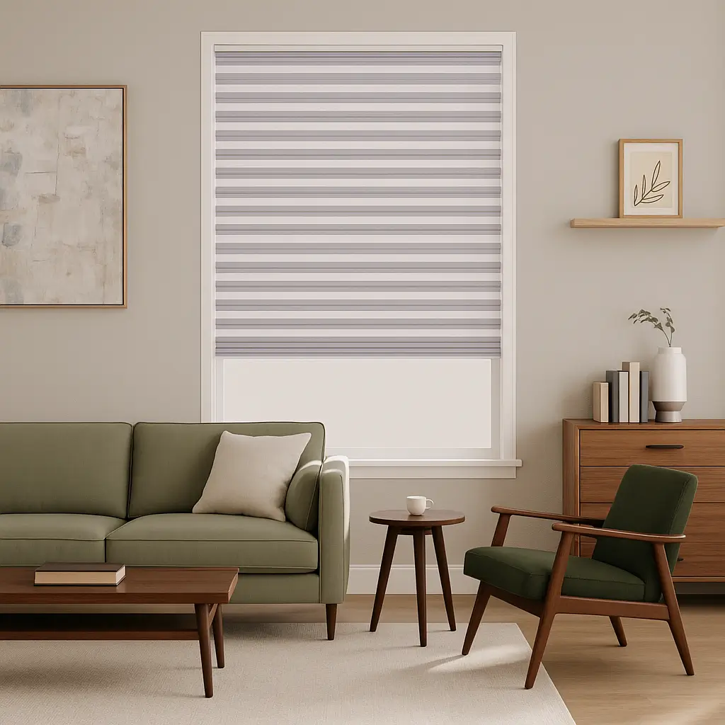 Self Leveling Risala Foggy Morning Honeycomb Blinds In Living Room