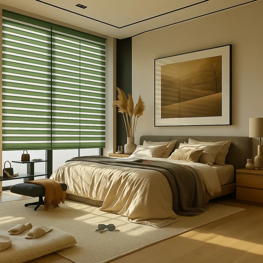 Self Leveling Risala Forest Green Bamboo Blinds In Bedroom