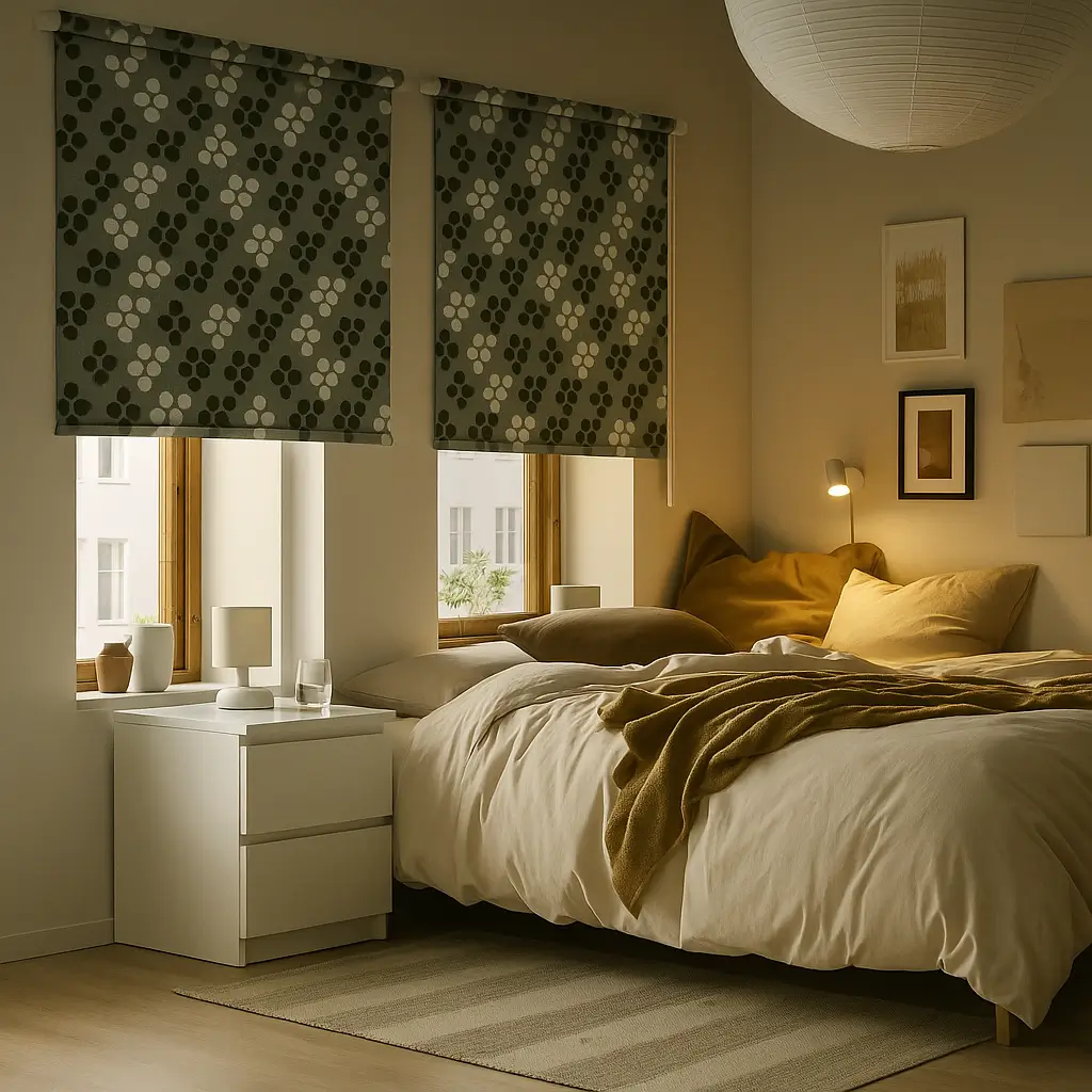Self Leveling Risala Geometric HoneyComb Roller Blinds In Bedroom
