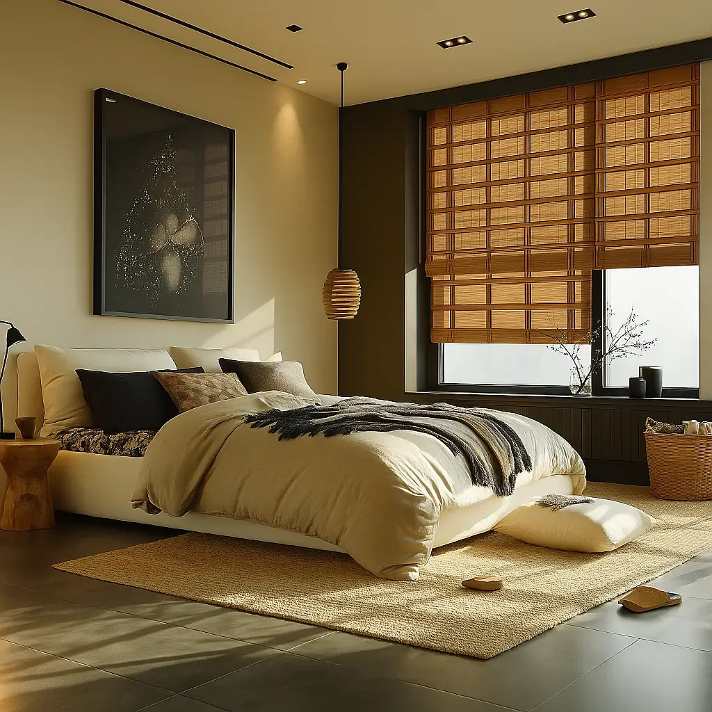 Self Leveling Risala Golden Weave Bamboo Blinds In Bedroom