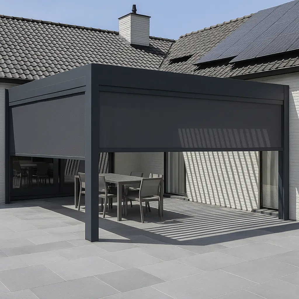 Risala Graphite Outdoor Blinds In Outdoor Pergola