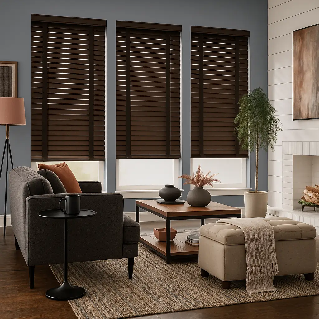 Risala Grayish Brown Wooden Blinds In Living Room