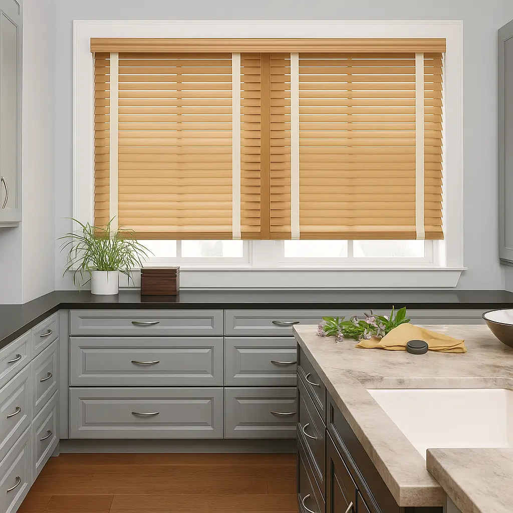 Risala Grayish Mocha Wooden Blinds In Kitchen