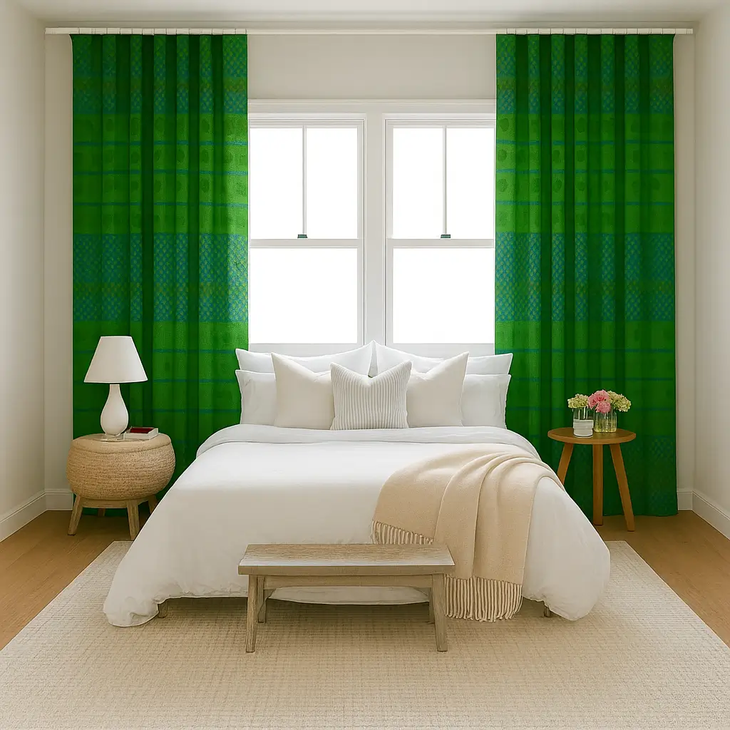 Risala Green Brocade Curtains In Bedroom