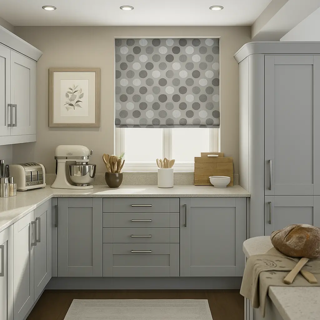 Self Leveling Risala Grey Polka Dots Roller Blinds In Kitchen