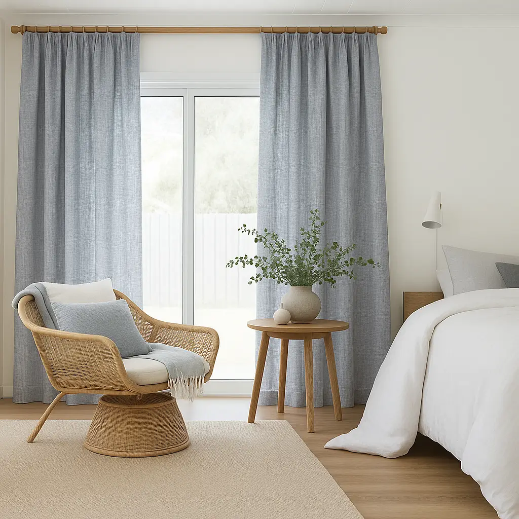 Self Leveling Risala Harris Linen Curtains Sample In Bedroom