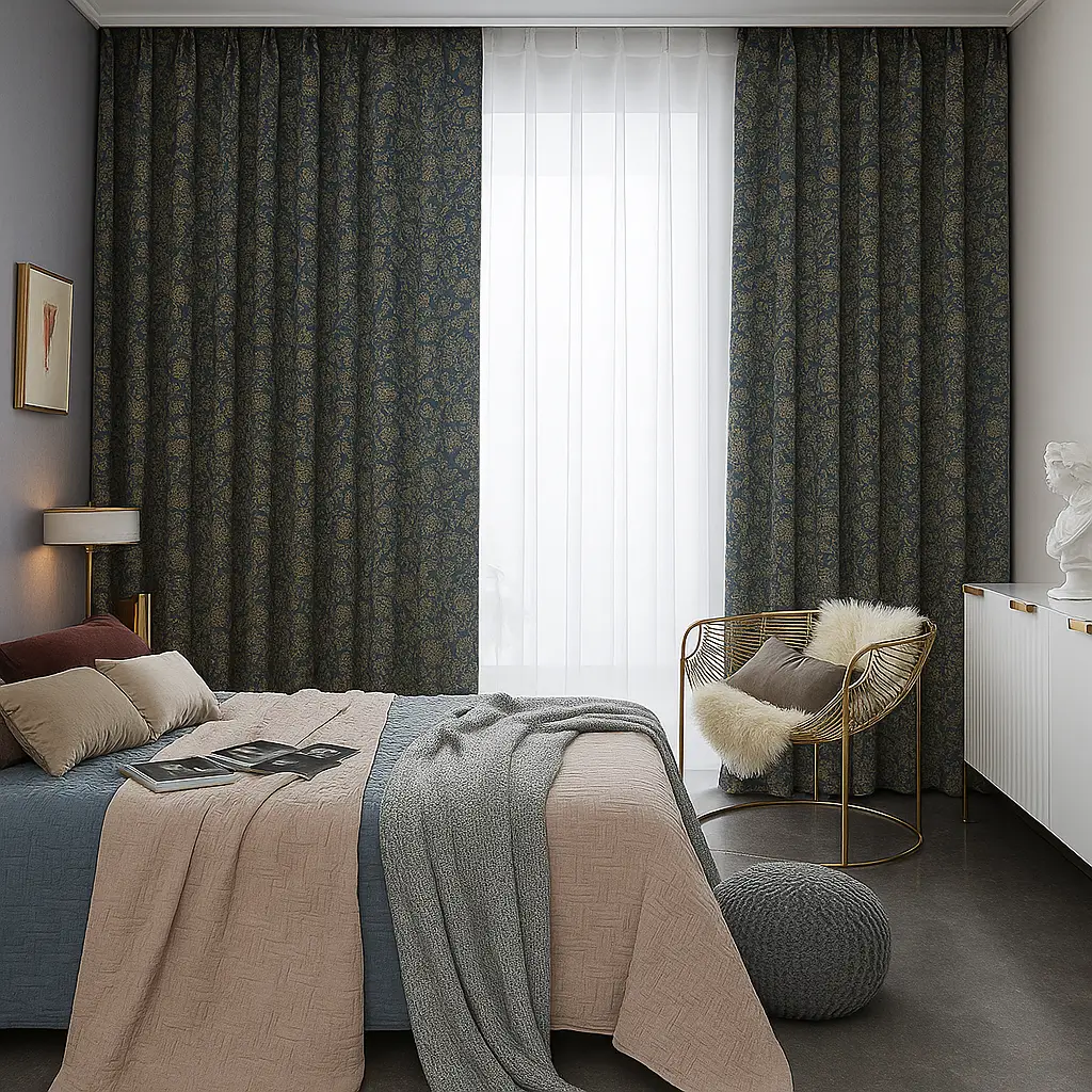 Self Leveling Risala ILiv Indira Indigo Cotton Curtains In Bedroom