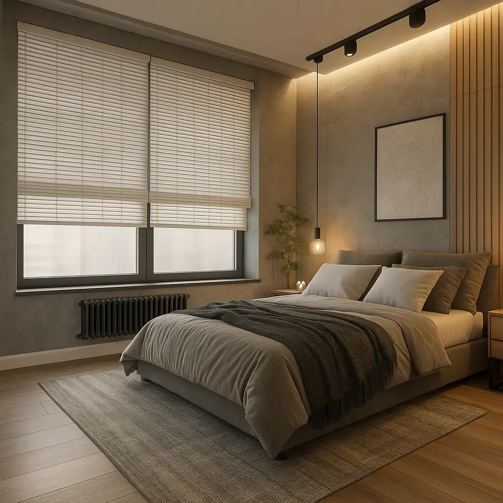 Self Leveling Risala Ivory White Stripes Bamboo Blinds In Bedroom