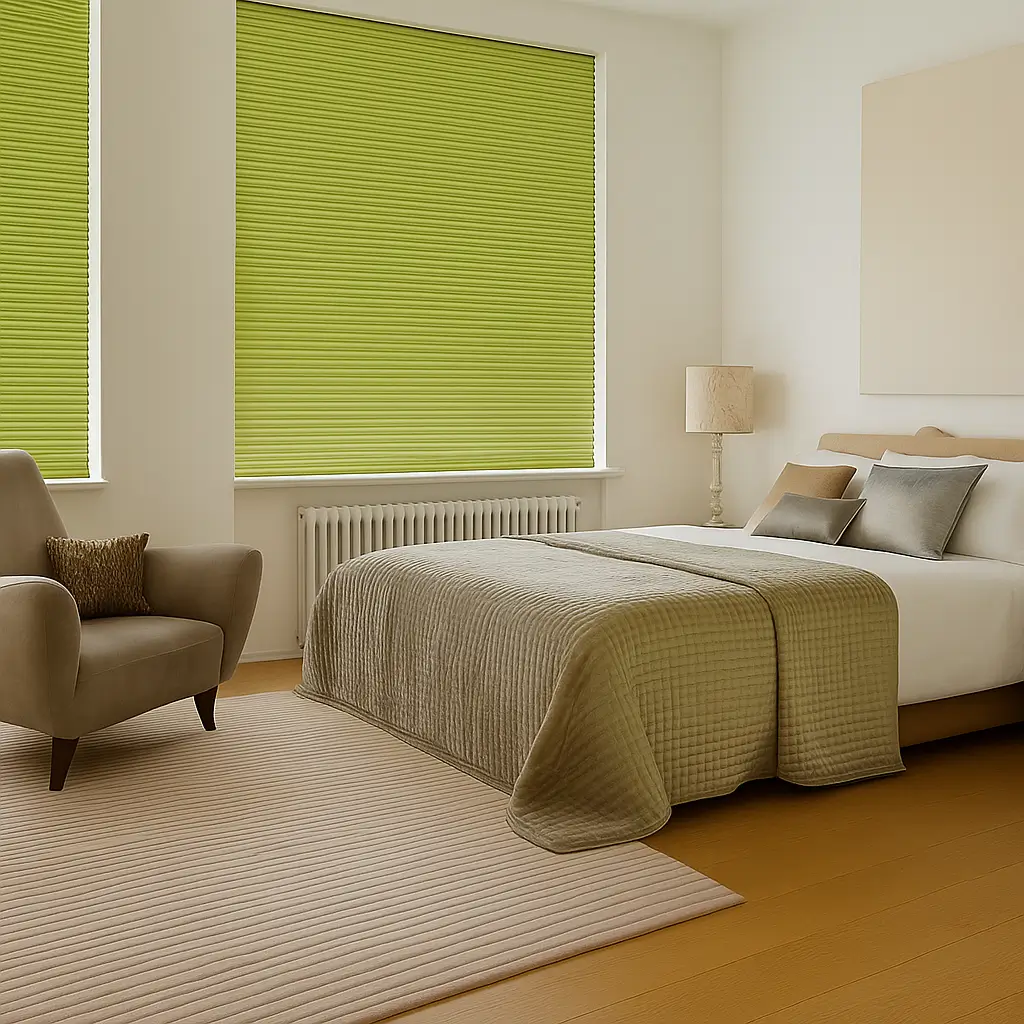 Self Leveling Risala Lime Green Pleated Blinds In Bedroom