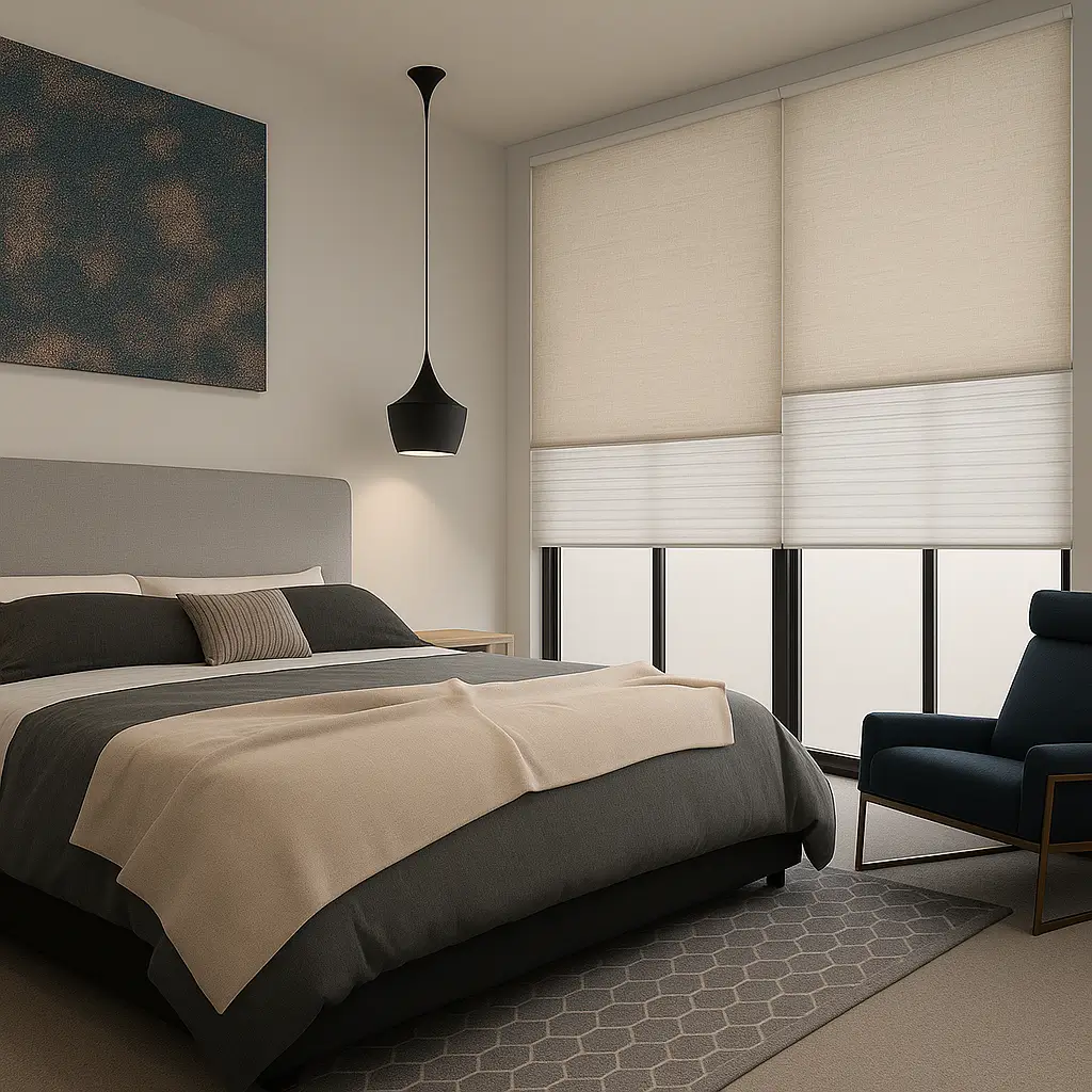 Risala Linen Beige Motorized Blinds In Bedroom