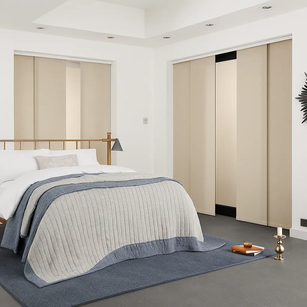 Self Leveling Risala Linen Bronze Panel Blinds In Bedroom