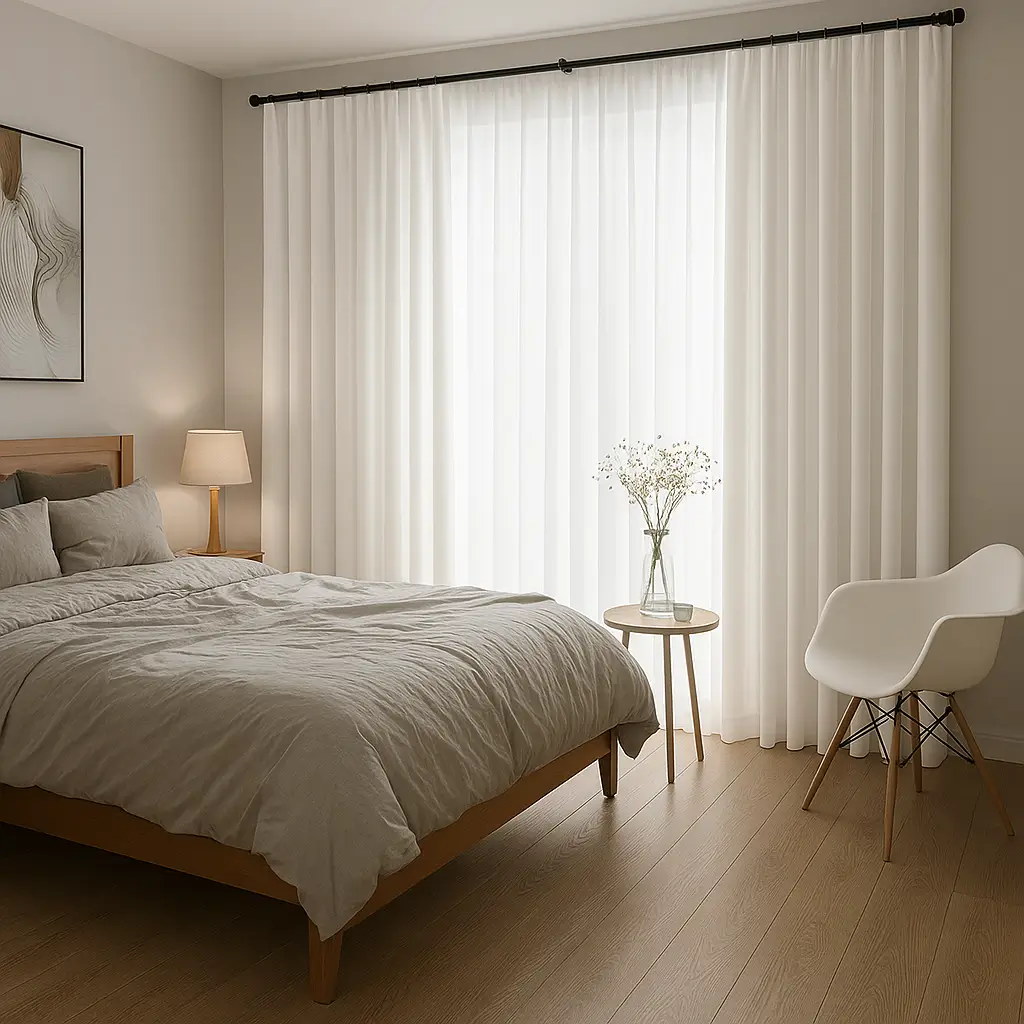 Self Leveling Risala Lining White Cotton Curtains In Bedroom