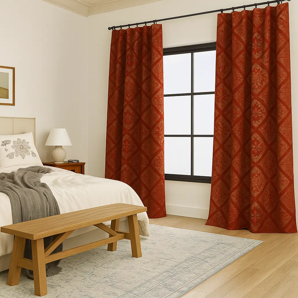 Risala Maroon Brocade Curtains In Bedroom