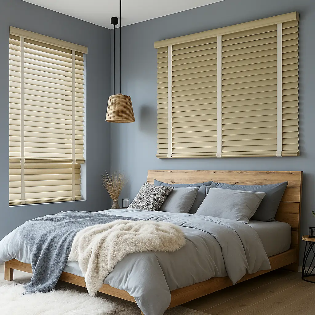 Risala Matt Gray Wooden Blinds In Bedroom