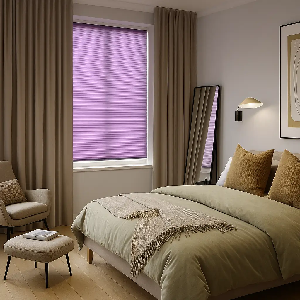 Self Leveling Risala Mauve Purple Pleated Blinds In Bedroom