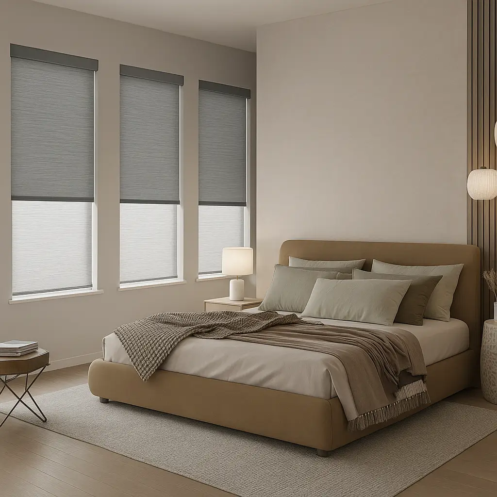 Risala Misty Grey Motorized Blinds In Bedroom